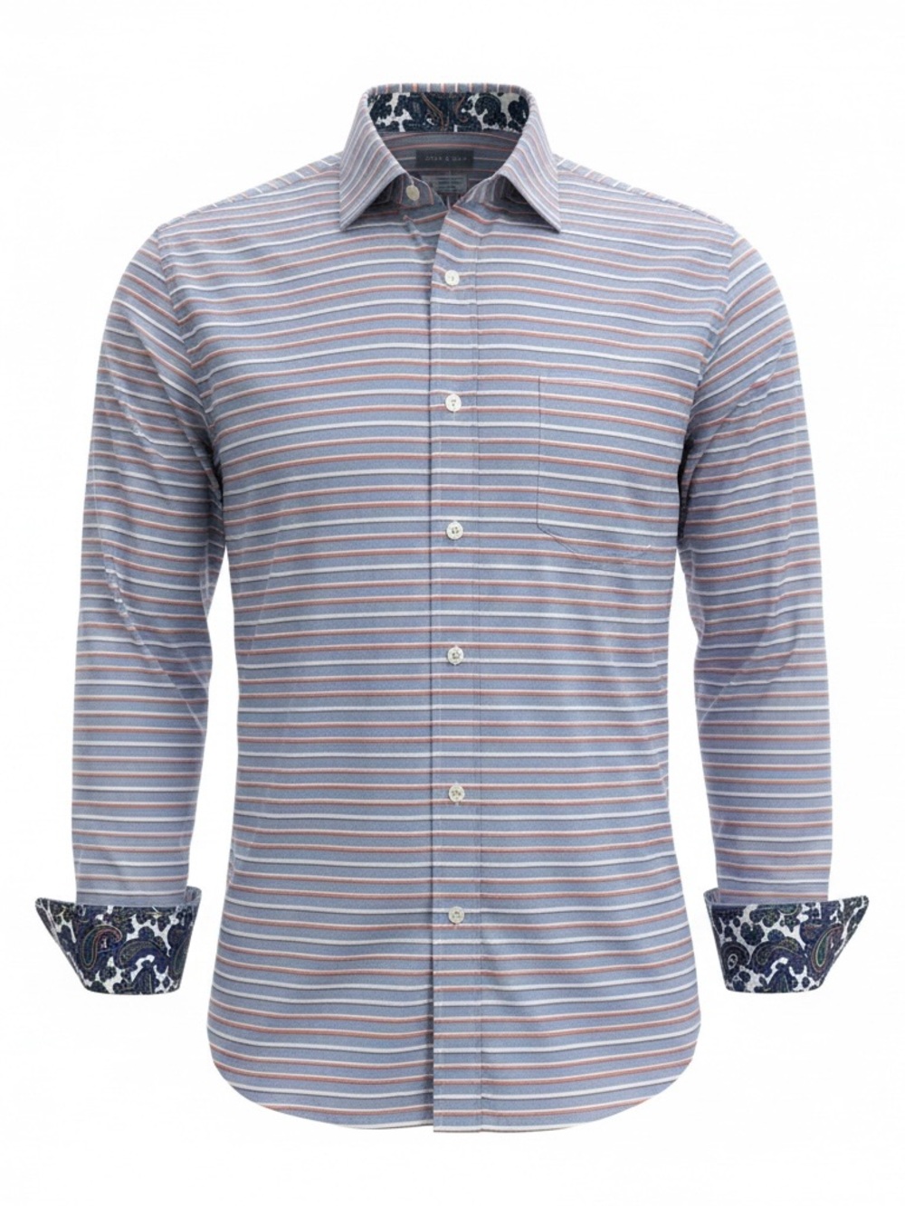 Thomas Dean Blue and Pink Striped Long-Sleeve Button-Down Shirt Cotton